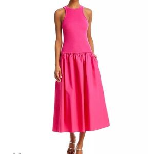 Aqua Mixed Media Drop Waist Midi Dress in Fuchsia Pink - Size M